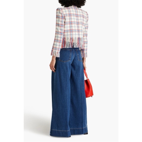 Veronica Beard Marlton White Blue Red Plaid Tweed Fringe Blazer Jacket Size 4 - Picture 4 of 16